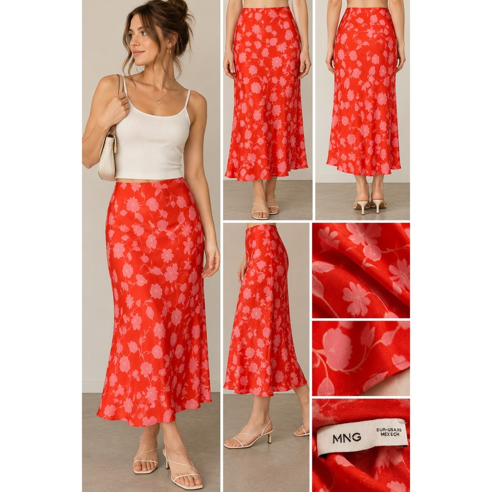MNG Mango Midi Skirt XS Red Pink Floral Elastic Waist Summer Tropical Chic